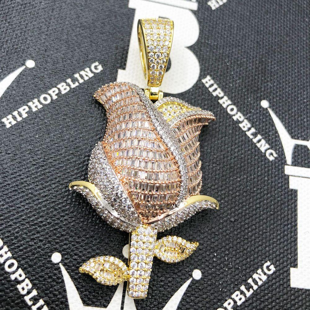 Baguette Rose VVS CZ Hip Hop Iced Out Pendant Yellow Gold HipHopBling