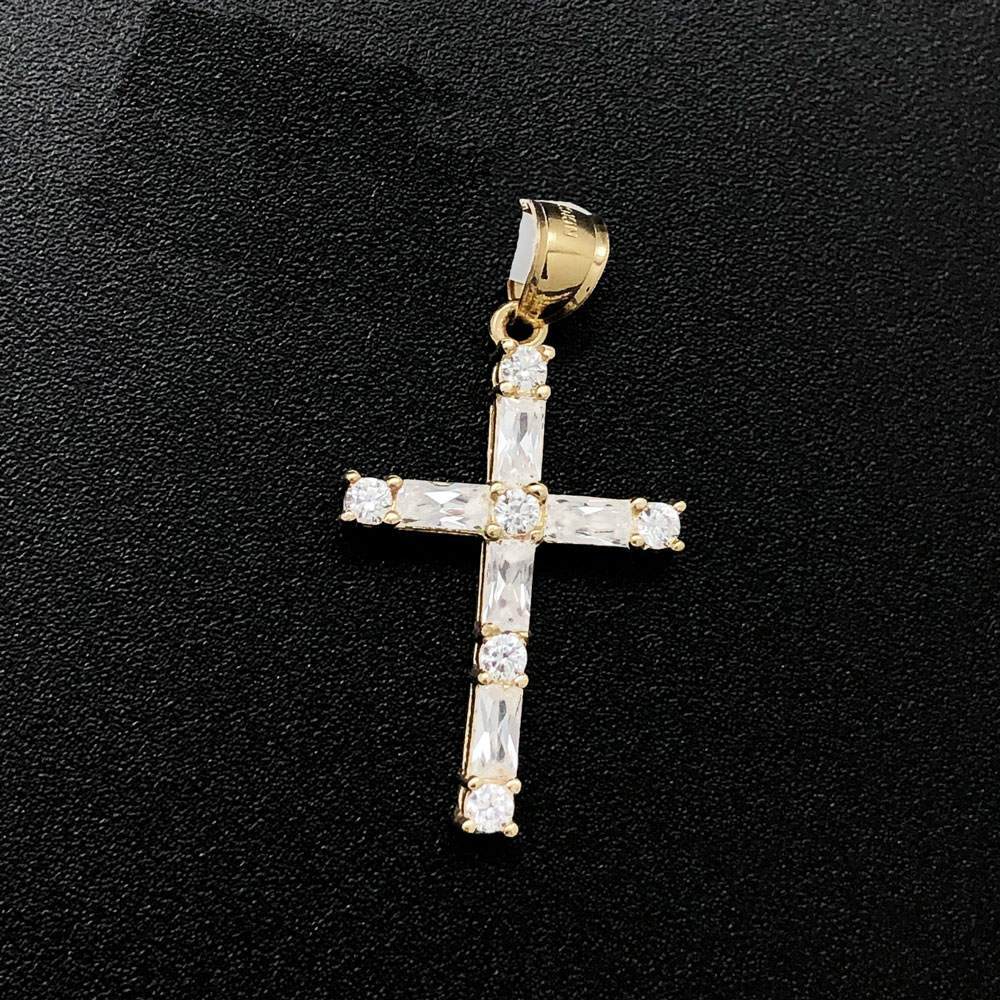 Baguette & Round CZ Tennis Cross 10K Yellow Gold Pendant HipHopBling