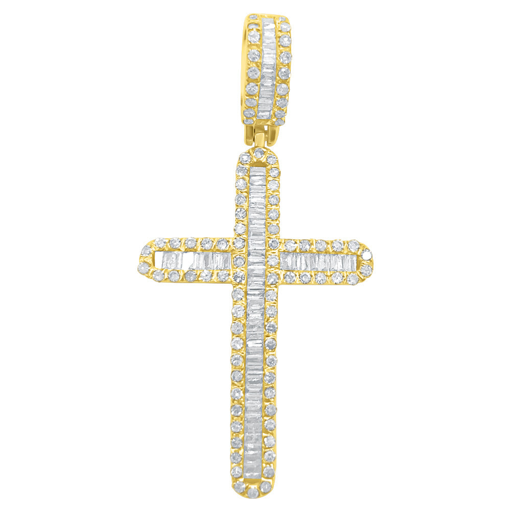 Baguette Rounded Cross Diamond Pendant .82cttw 10K Yellow Gold HipHopBling
