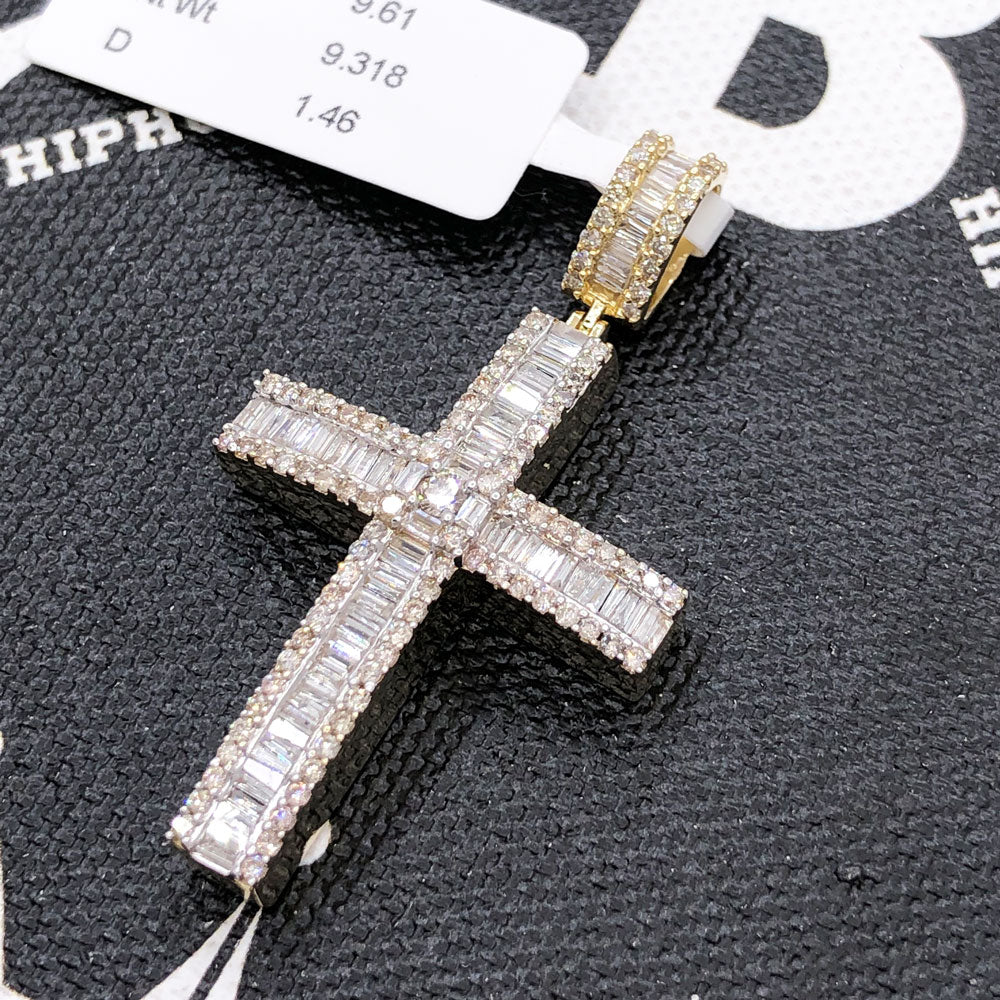Baguette Row Cross Diamond Pendant 1.46cttw 10K Yellow or White Gold HipHopBling