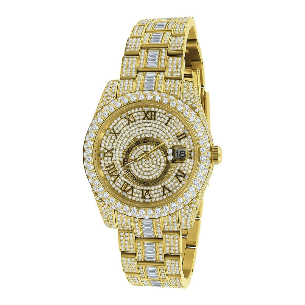 Baguette Sky Bustdown VVS CZ Bling Bling Watch Yellow Gold HipHopBling