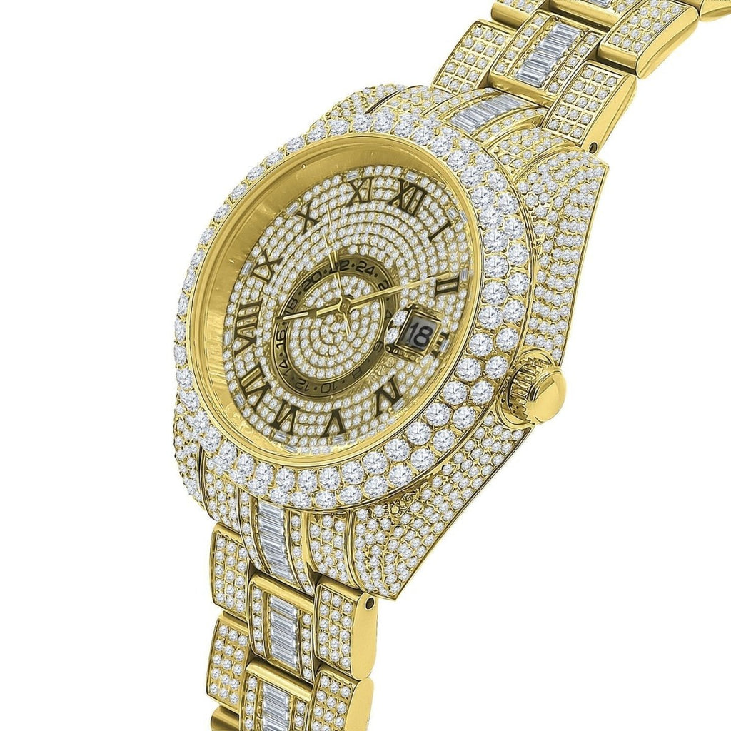 Baguette Sky Bustdown VVS CZ Bling Bling Watch Yellow Gold HipHopBling