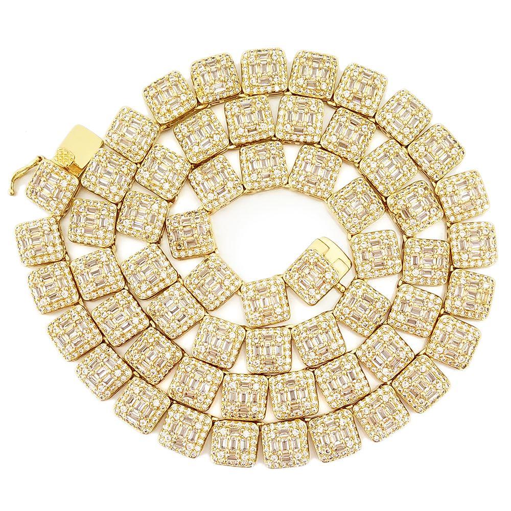 Baguette Square Cluster Link CZ Iced Out Chain Yellow Gold 20" HipHopBling