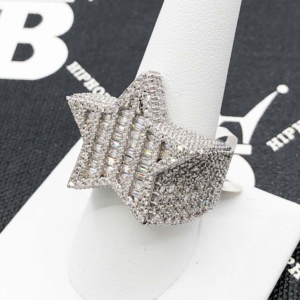 Baguette Star VVS Moissanite Ring .925 Sterling Silver 6 White Gold HipHopBling