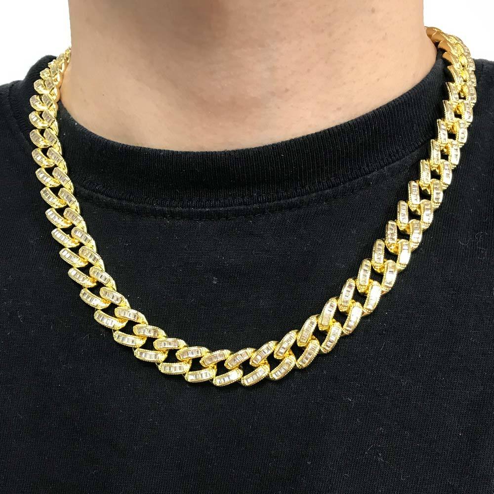 Baguette Stones Cuban Chain 11MM Wide White / Yellow Gold HipHopBling