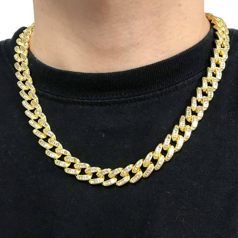 Baguette Stones Cuban Chain 11MM Wide White / Yellow Gold Yellow Gold 18" HipHopBling