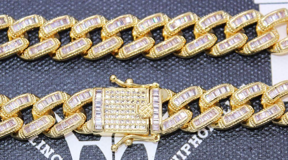 Baguette Stones Cuban Chain 11MM Wide White / Yellow Gold Yellow Gold 18" HipHopBling