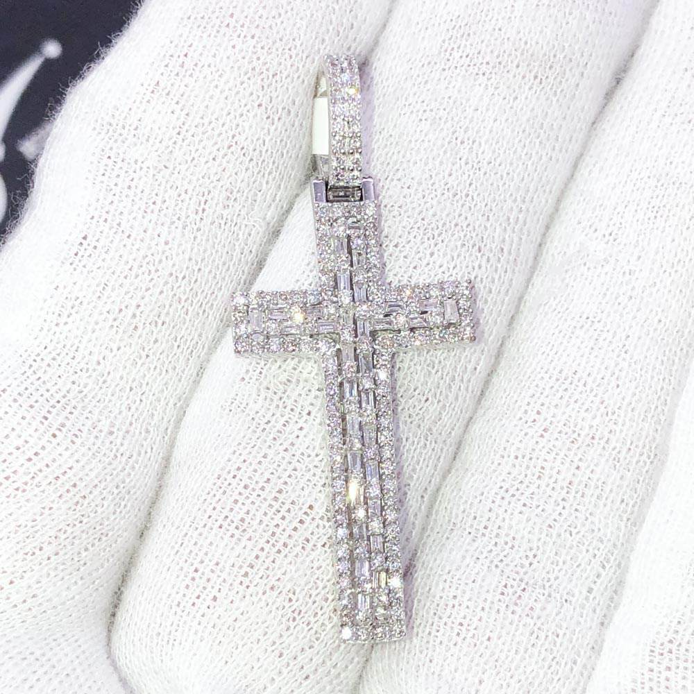 Baguette Tall Cross Diamond 1.16 Carat Pendant 10K White Gold HipHopBling