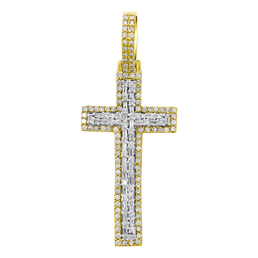 Baguette Tall Cross Diamond 1.19 Carat Pendant 10K Yellow Gold HipHopBling