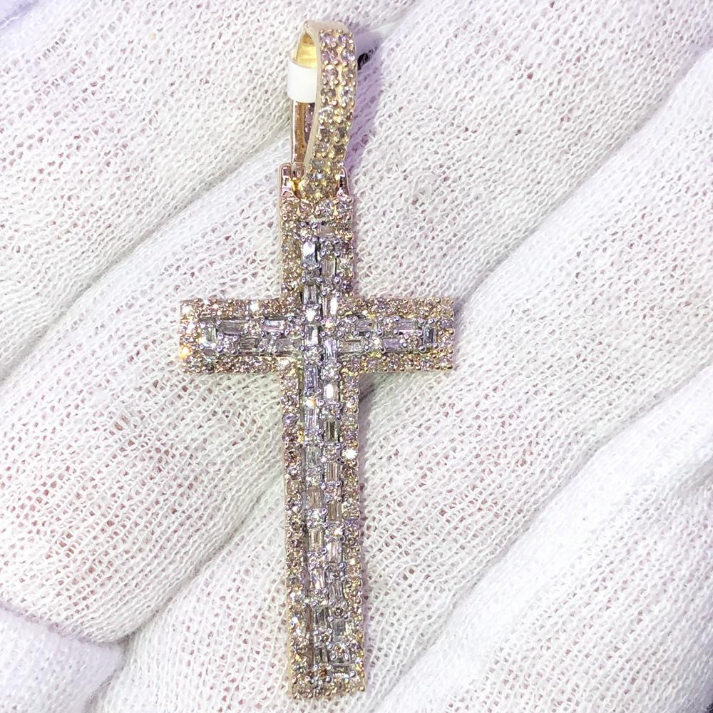 Baguette Tall Cross Diamond 1.19 Carat Pendant 10K Yellow Gold HipHopBling