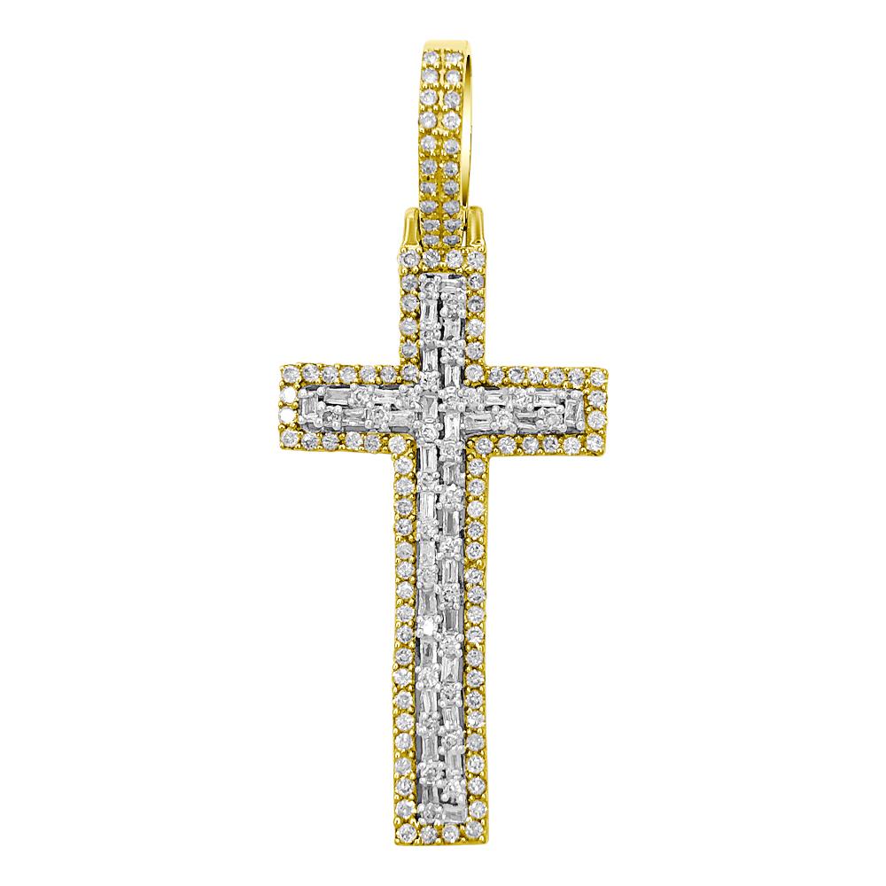 Baguette Tall Cross Diamond 1.19 Carat Pendant 10K Yellow Gold HipHopBling
