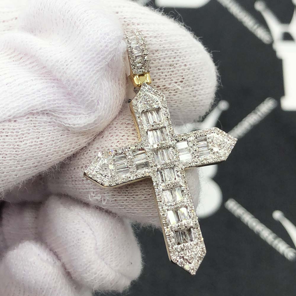 Baguette Taper Cross Diamond Pendant .90cttw 10K Yellow Gold HipHopBling