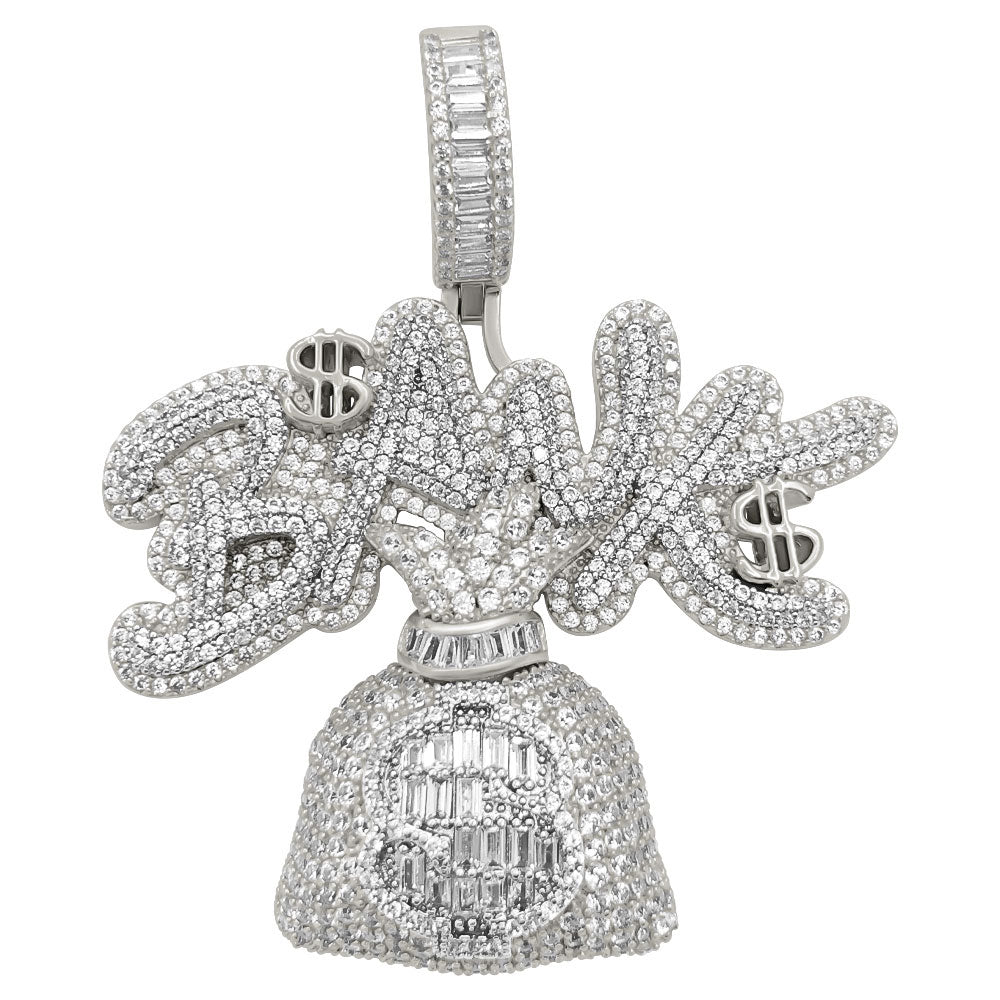 Bank Money Bag Baguette VVS CZ Hip Hop Iced Out Pendant White Gold HipHopBling