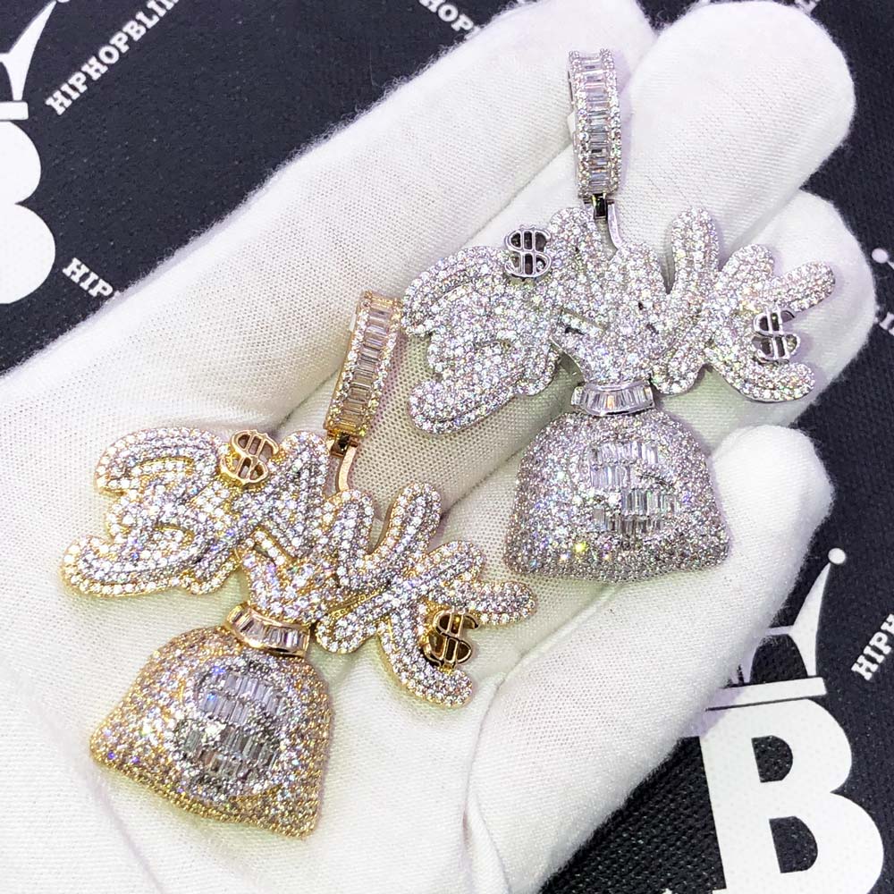 Bank Money Bag Baguette VVS CZ Hip Hop Iced Out Pendant Yellow Gold HipHopBling