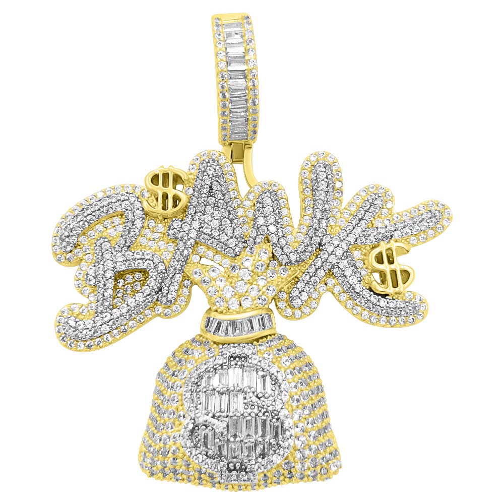 Bank Money Bag Baguette VVS CZ Hip Hop Iced Out Pendant Yellow Gold HipHopBling