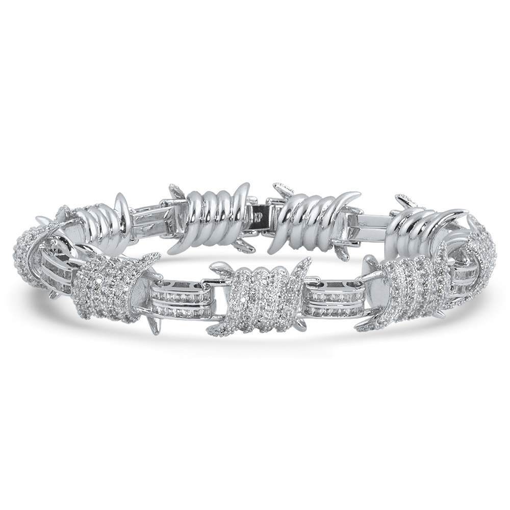 Barb Wire Baguette CZ Iced Out Hip Hop Bracelet White Gold 8" HipHopBling
