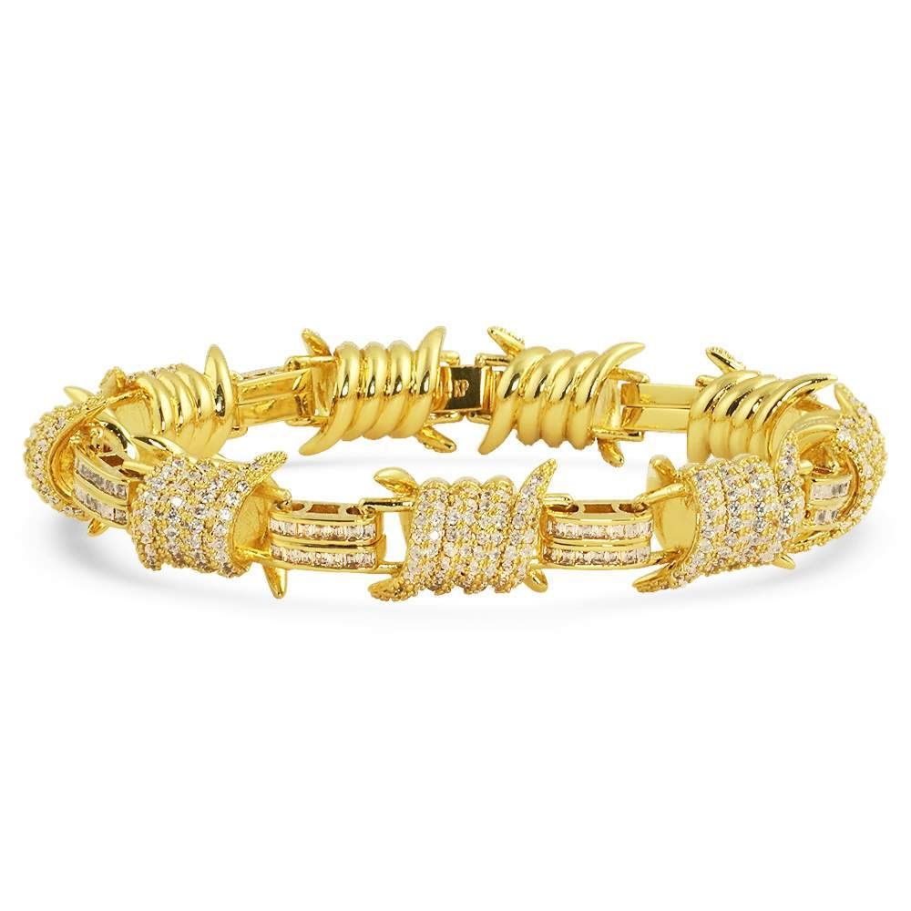 Barb Wire Baguette CZ Iced Out Hip Hop Bracelet Yellow Gold 8" HipHopBling