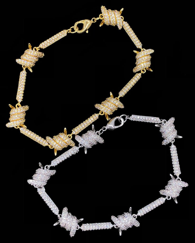 Barb Wire CZ Iced Out Hip Hop Bracelet White Gold 8" HipHopBling