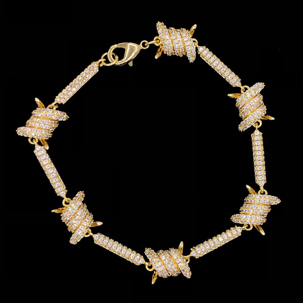 Barb Wire CZ Iced Out Hip Hop Bracelet Yellow Gold 8" HipHopBling