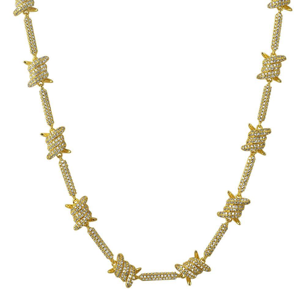 Barb Wire Link CZ Iced Out Chain Bling Yellow Gold 18" HipHopBling