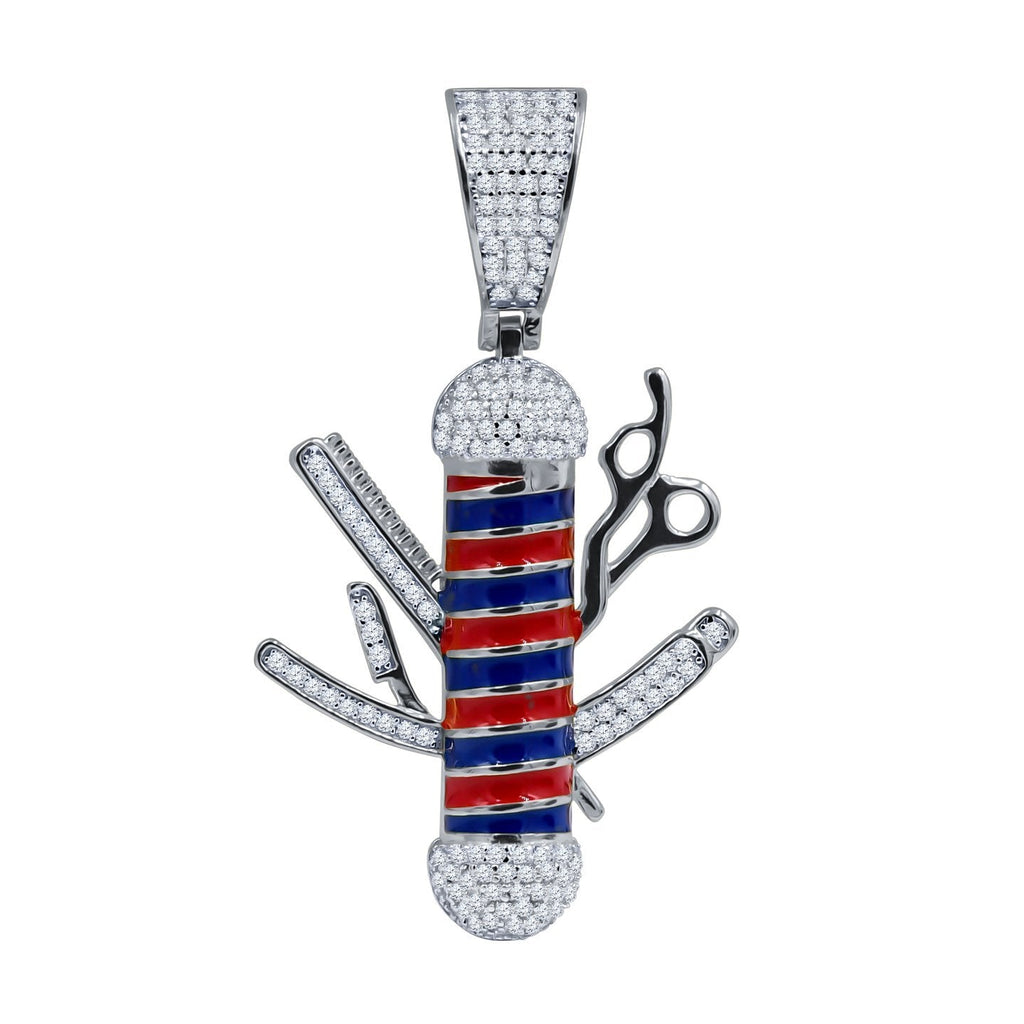 Barber Pole & Tools CZ Iced Out Pendant .925 Sterling Silver HipHopBling