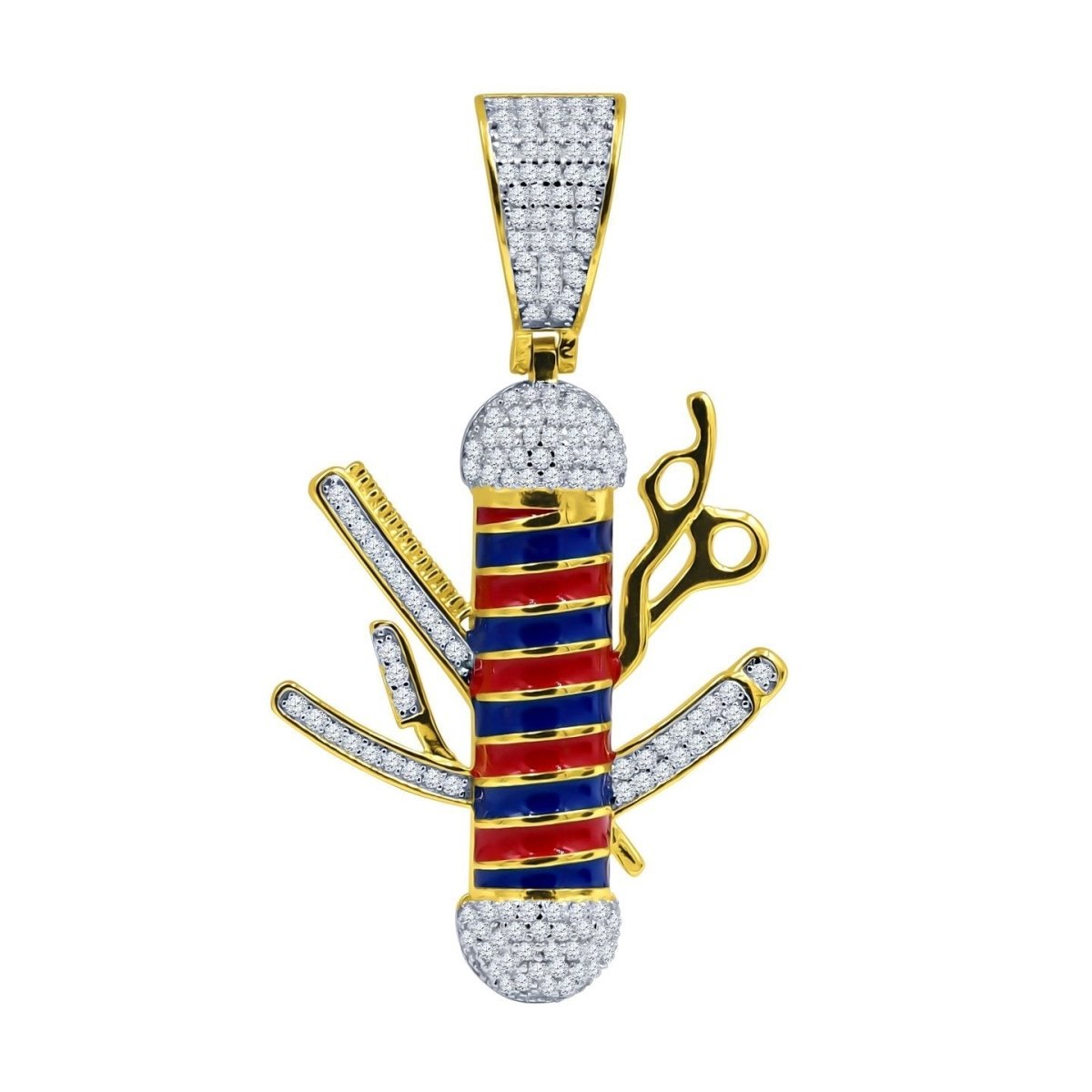 Barber Pole & Tools CZ Iced Out Pendant .925 Sterling Silver Yellow Gold HipHopBling