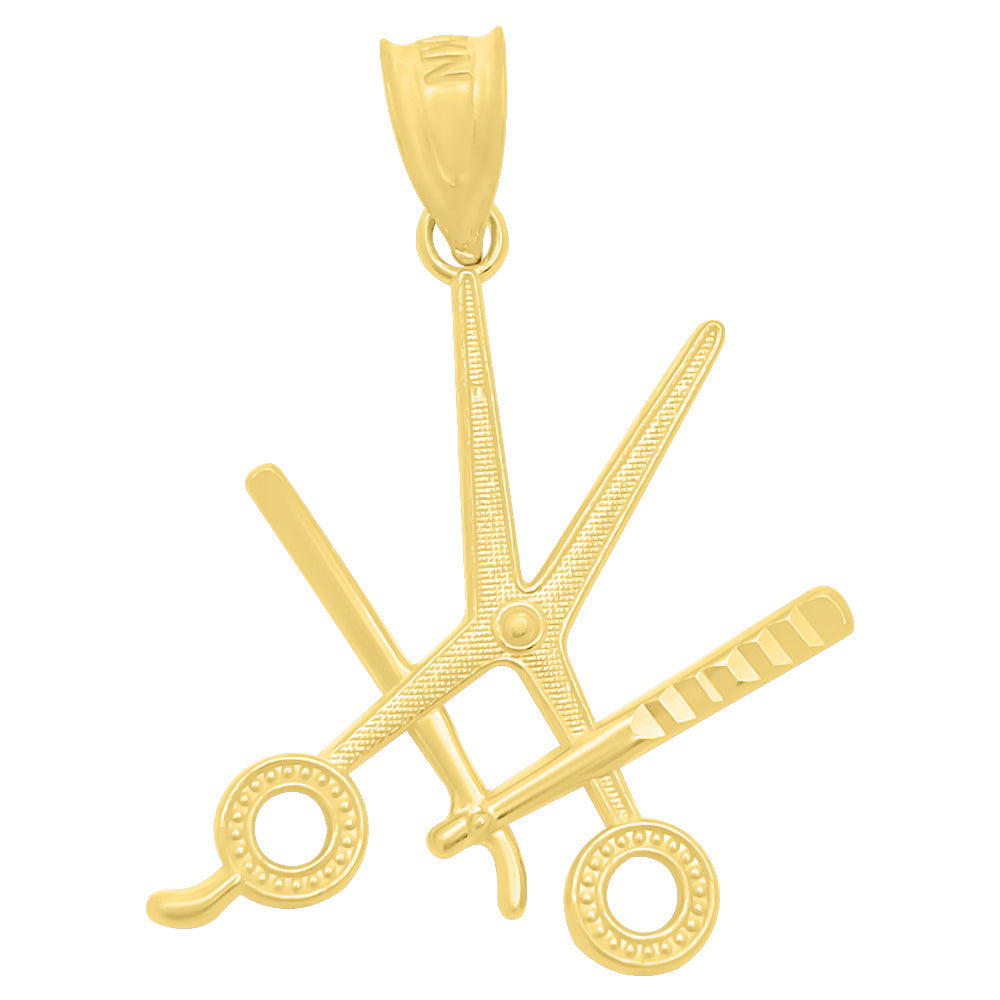 Barber Scissors & Razor DC 10K Yellow Gold Pendant HipHopBling