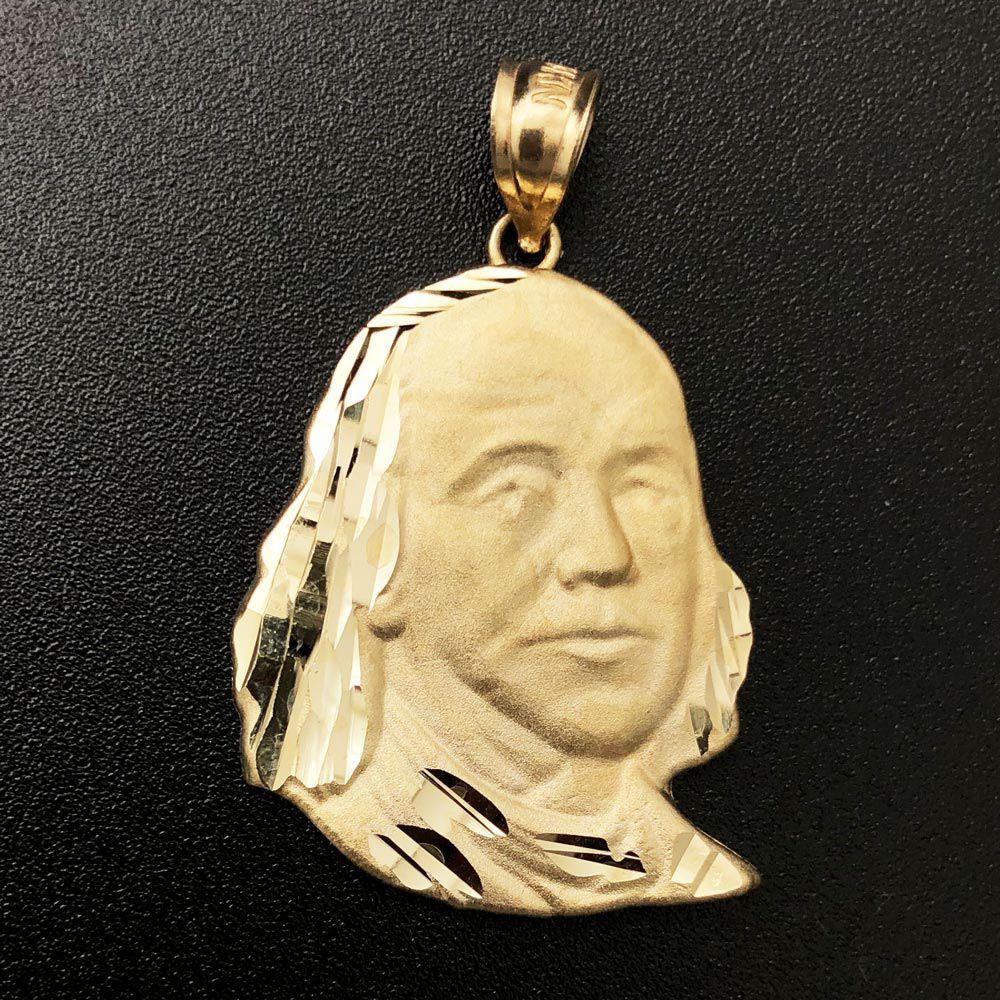 Ben Franklin Medium Matte DC 10K Yellow Gold Pendant HipHopBling
