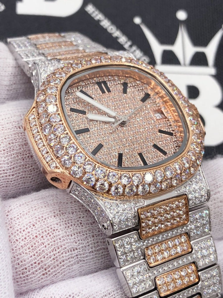 Best Quality Modern CZ Stainless Steel Watch Bling Bling 2 Tone Rose Gold HipHopBling