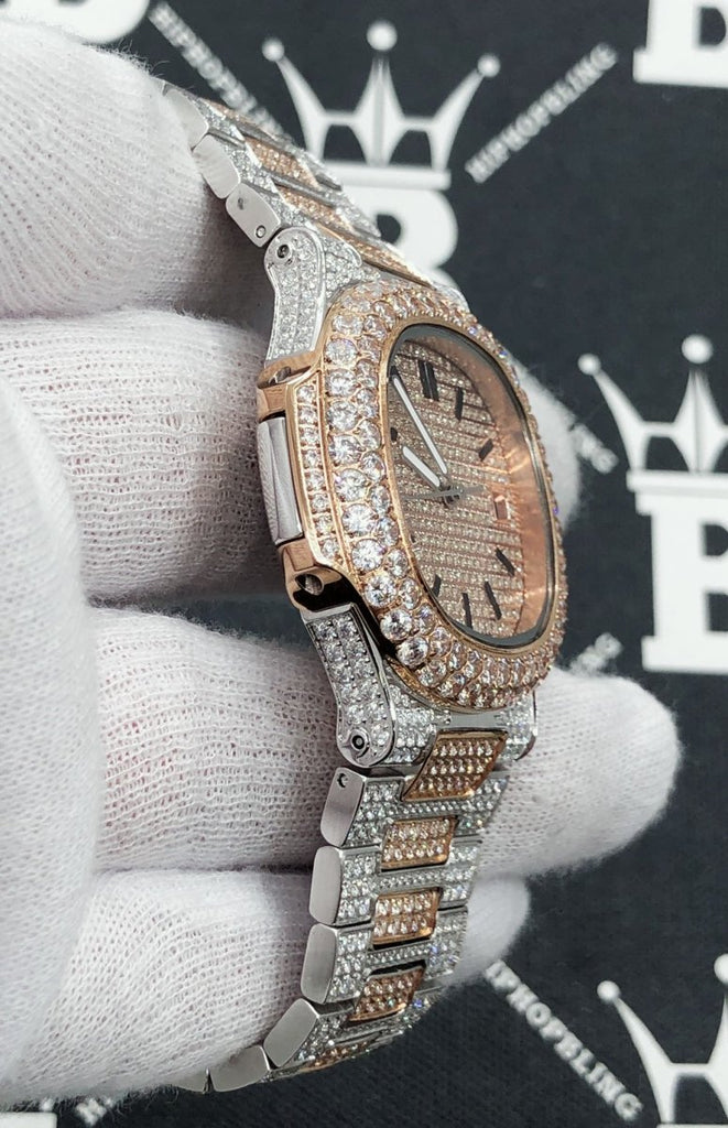 Best Quality Modern CZ Stainless Steel Watch Bling Bling 2 Tone Rose Gold HipHopBling