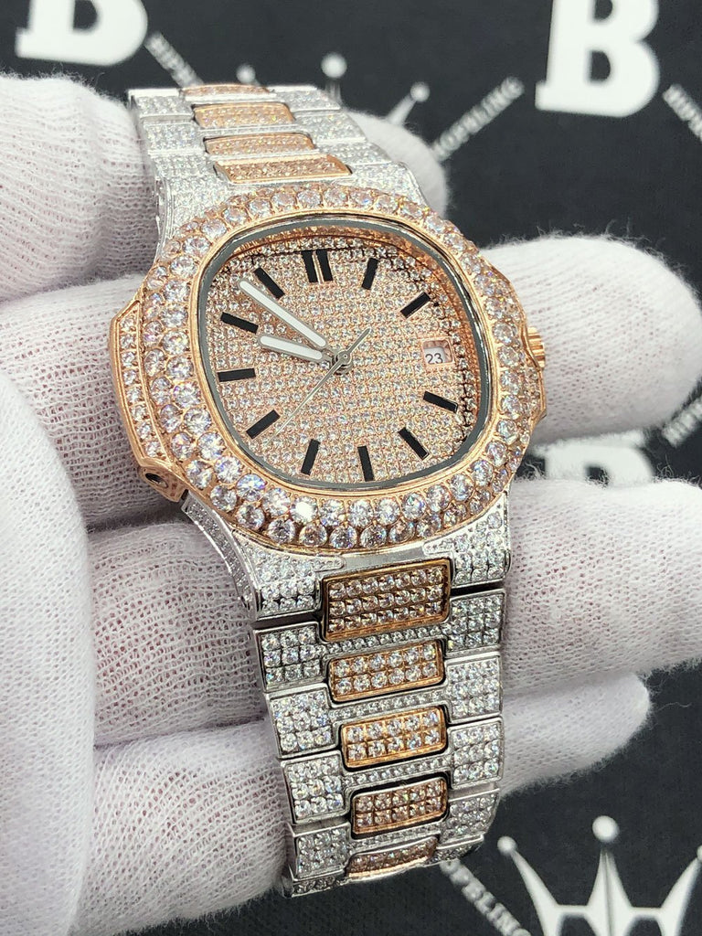 Best Quality Modern CZ Stainless Steel Watch Bling Bling 2 Tone Rose Gold HipHopBling