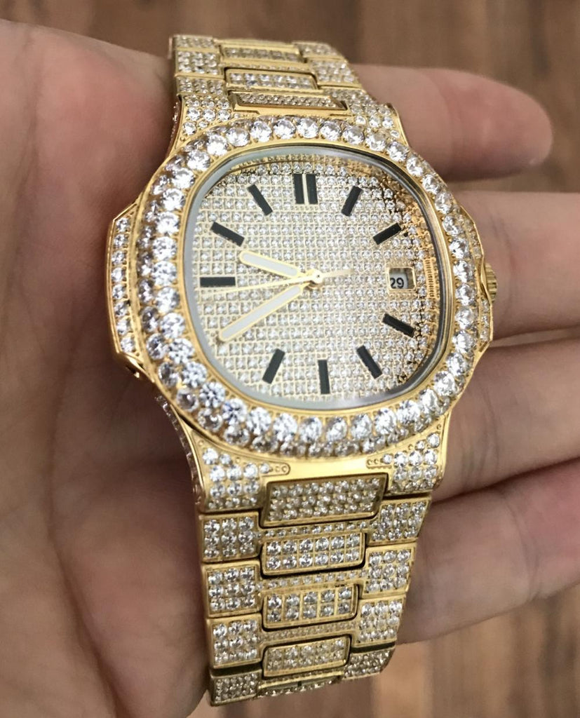 Best Quality Modern CZ Stainless Steel Watch Bling Bling Yellow Gold HipHopBling