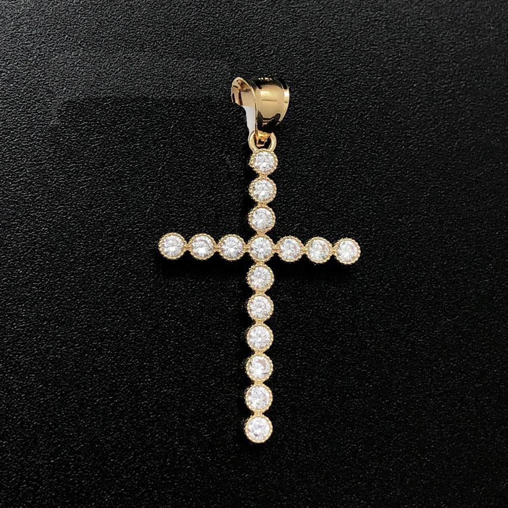 Bezel Tennis Cross CZ 10K Yellow Gold Pendant HipHopBling