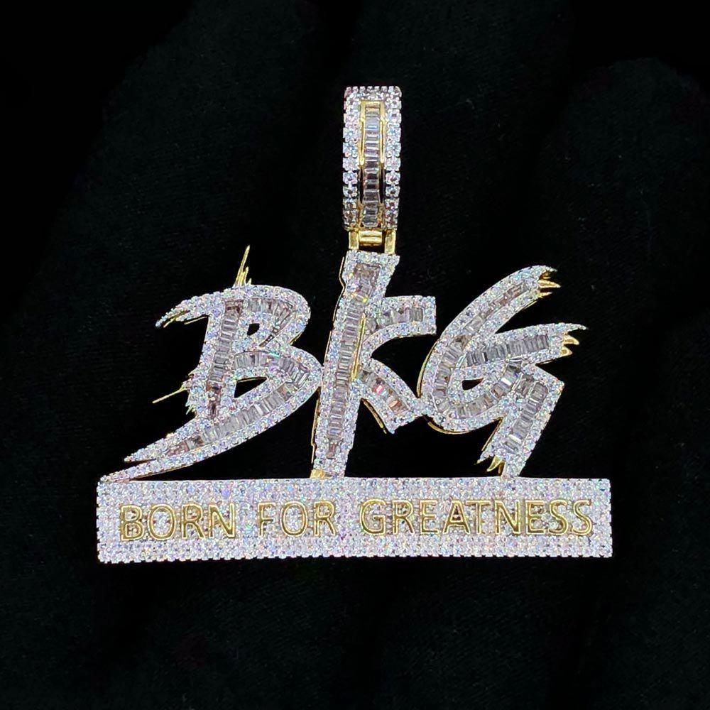 BFG Born For Greatness Baguette VVS CZ Hip Hop Iced Out Pendant Yellow Gold HipHopBling