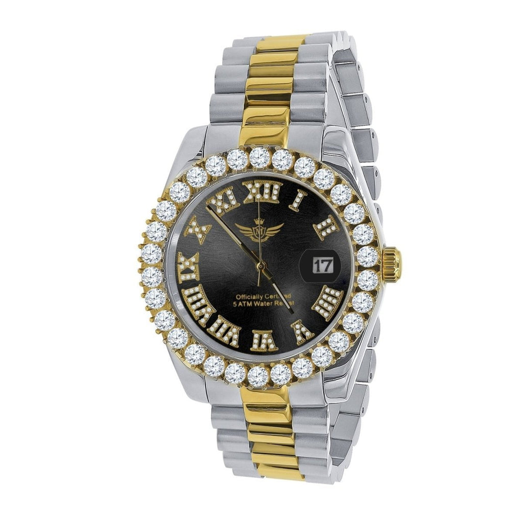 Big Bezel CZ Roman Dial Date Hip Hop Watch 2 - Tone Black Dial HipHopBling