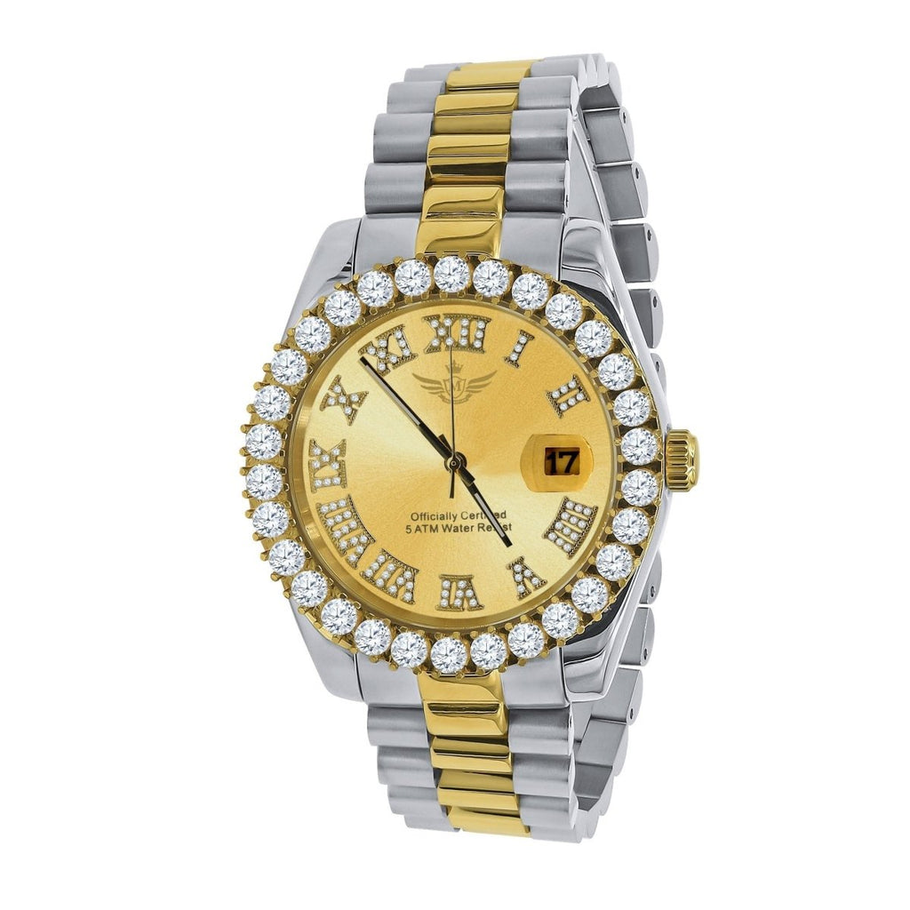 Big Bezel CZ Roman Dial Date Hip Hop Watch 2 - Tone Gold Dial HipHopBling