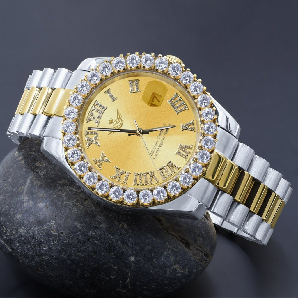 Big Bezel CZ Roman Dial Date Hip Hop Watch 2 - Tone Gold Dial HipHopBling