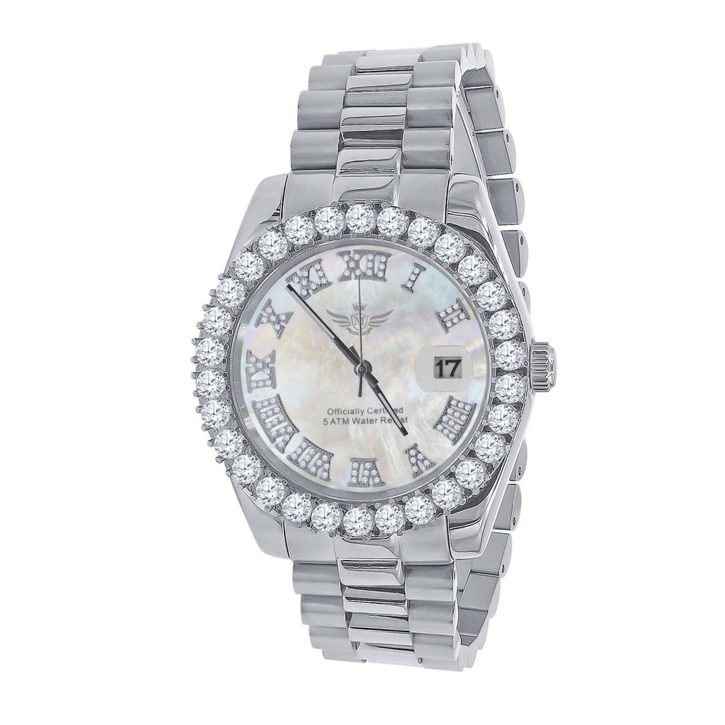 Big Bezel CZ Roman Dial Date Hip Hop Watch White Gold HipHopBling