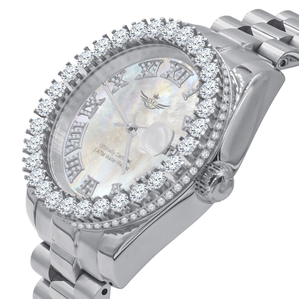 Big Bezel CZ Roman Dial Date Hip Hop Watch White Gold HipHopBling
