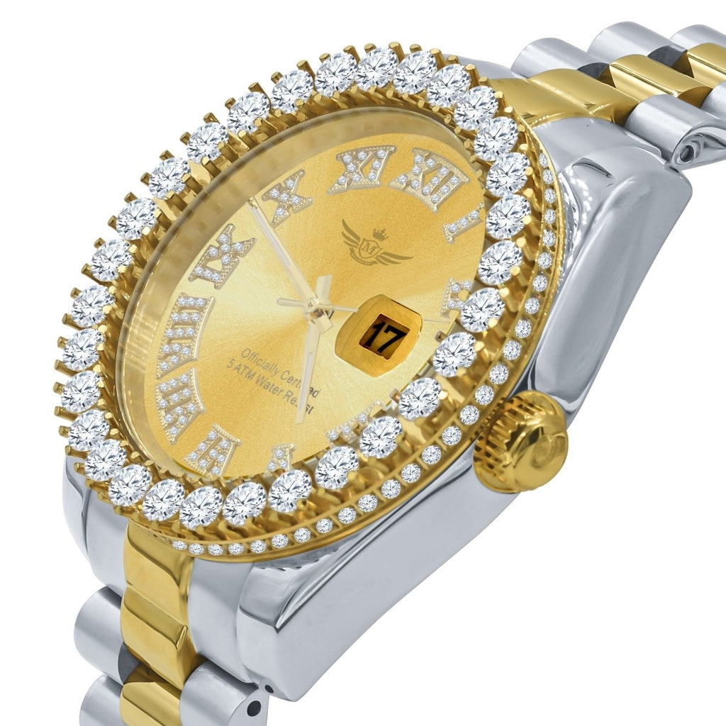 Big Bezel CZ Roman Dial Date Hip Hop Watch Yellow Gold HipHopBling