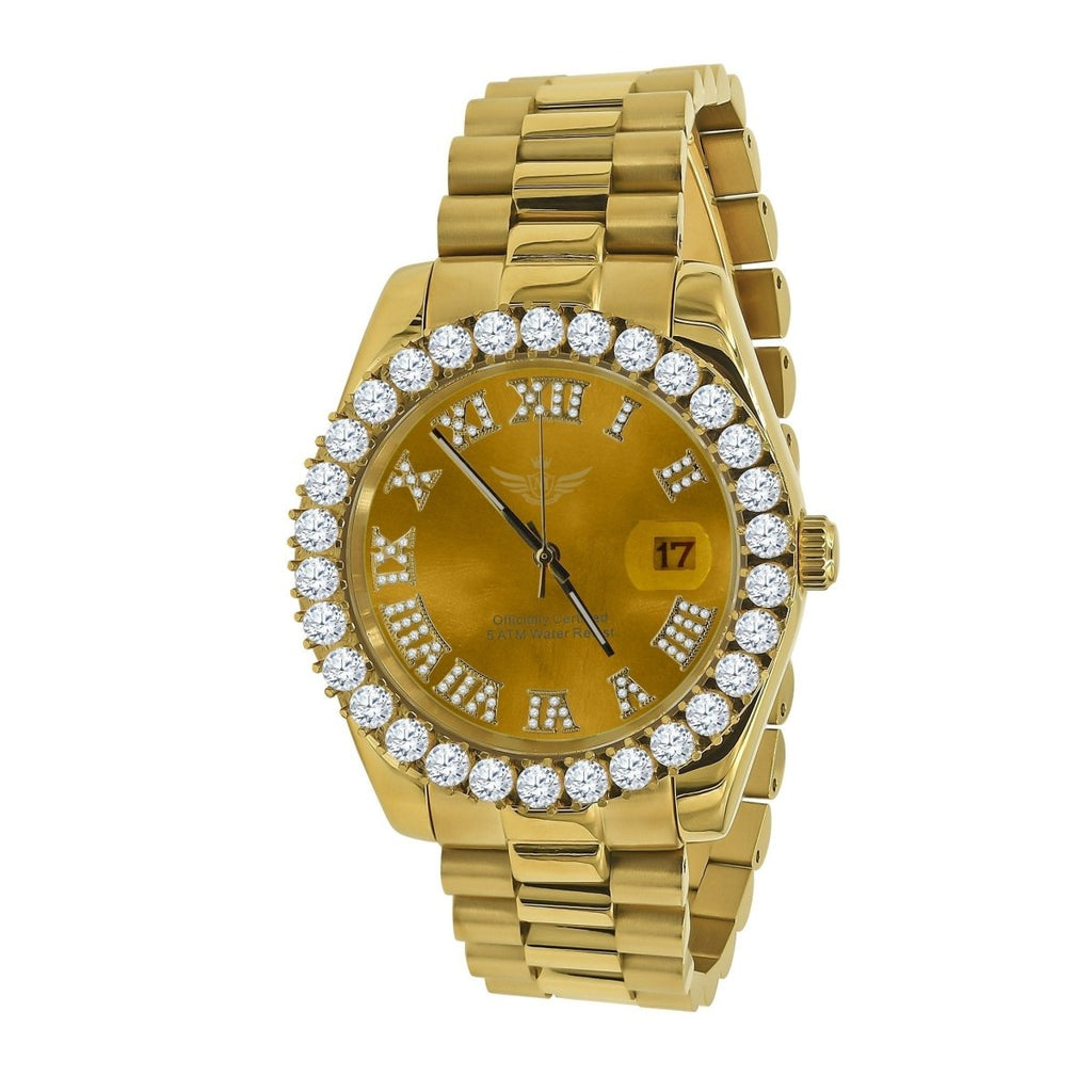 Big Bezel CZ Roman Dial Date Hip Hop Watch Yellow Gold HipHopBling