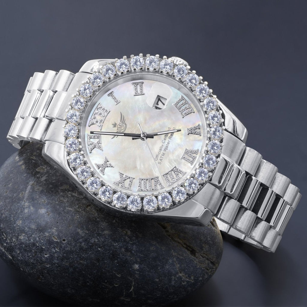 Big Bezel CZ Roman Dial Date Hip Hop Watch Yellow Gold HipHopBling