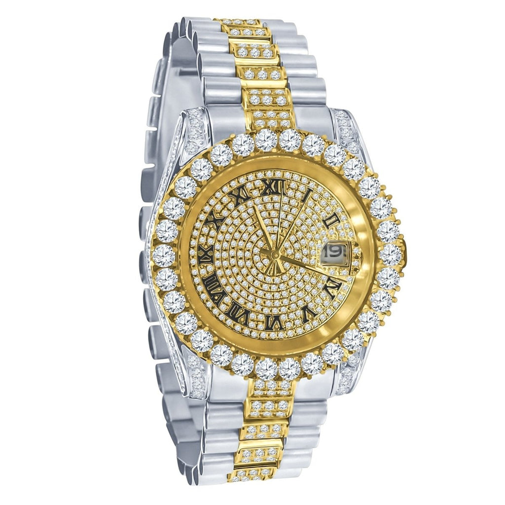 Big Bezel CZ Roman Dial Date Mid Link Watch 2 - Tone HipHopBling