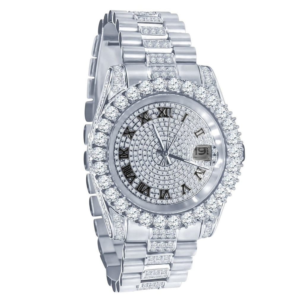 Big Bezel CZ Roman Dial Date Mid Link Watch White Gold HipHopBling