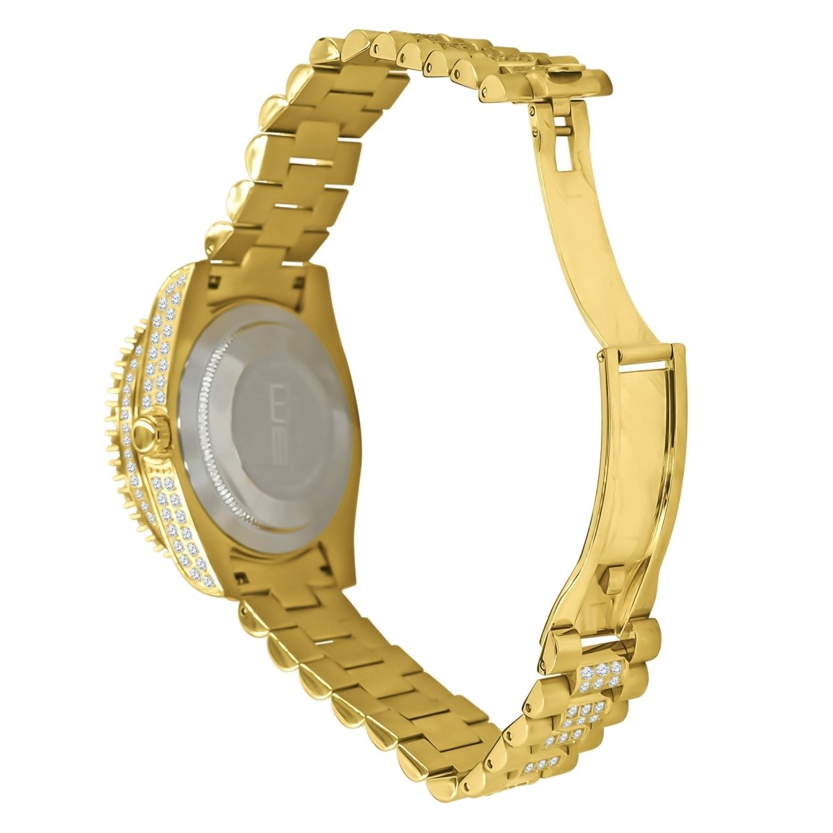 Big Bezel CZ Roman Dial Date Mid Link Watch White Gold HipHopBling
