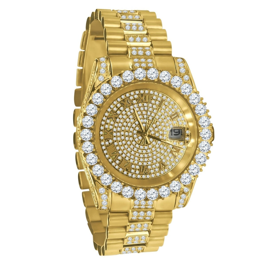 Big Bezel CZ Roman Dial Date Mid Link Watch Yellow Gold HipHopBling
