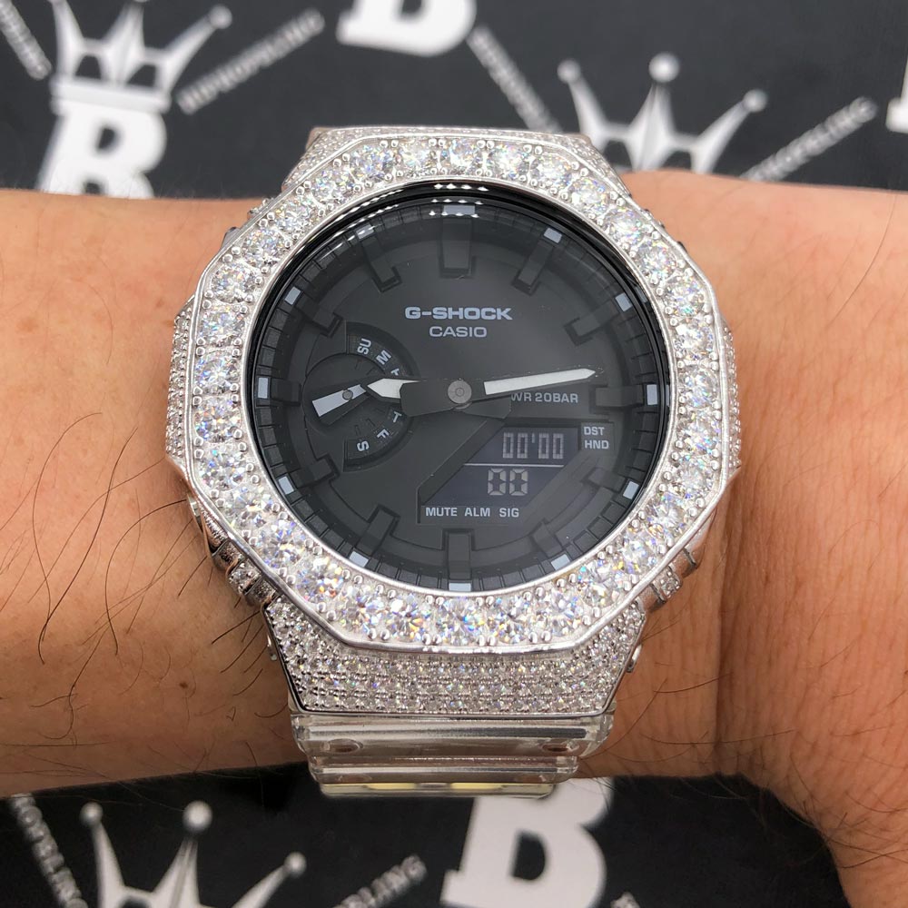 Big Boy Moissanite VVS Iced Out G Shock GA2100 Custom Watch 8.50 Carat Black Dial | Clear Band HipHopBling