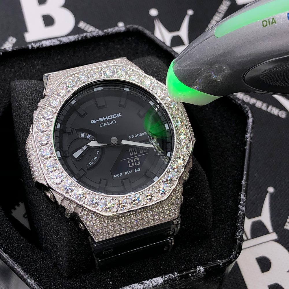 Big Boy Moissanite VVS Iced Out G Shock GA2100 Custom Watch 8.50 Carat Black Dial | Clear Band HipHopBling