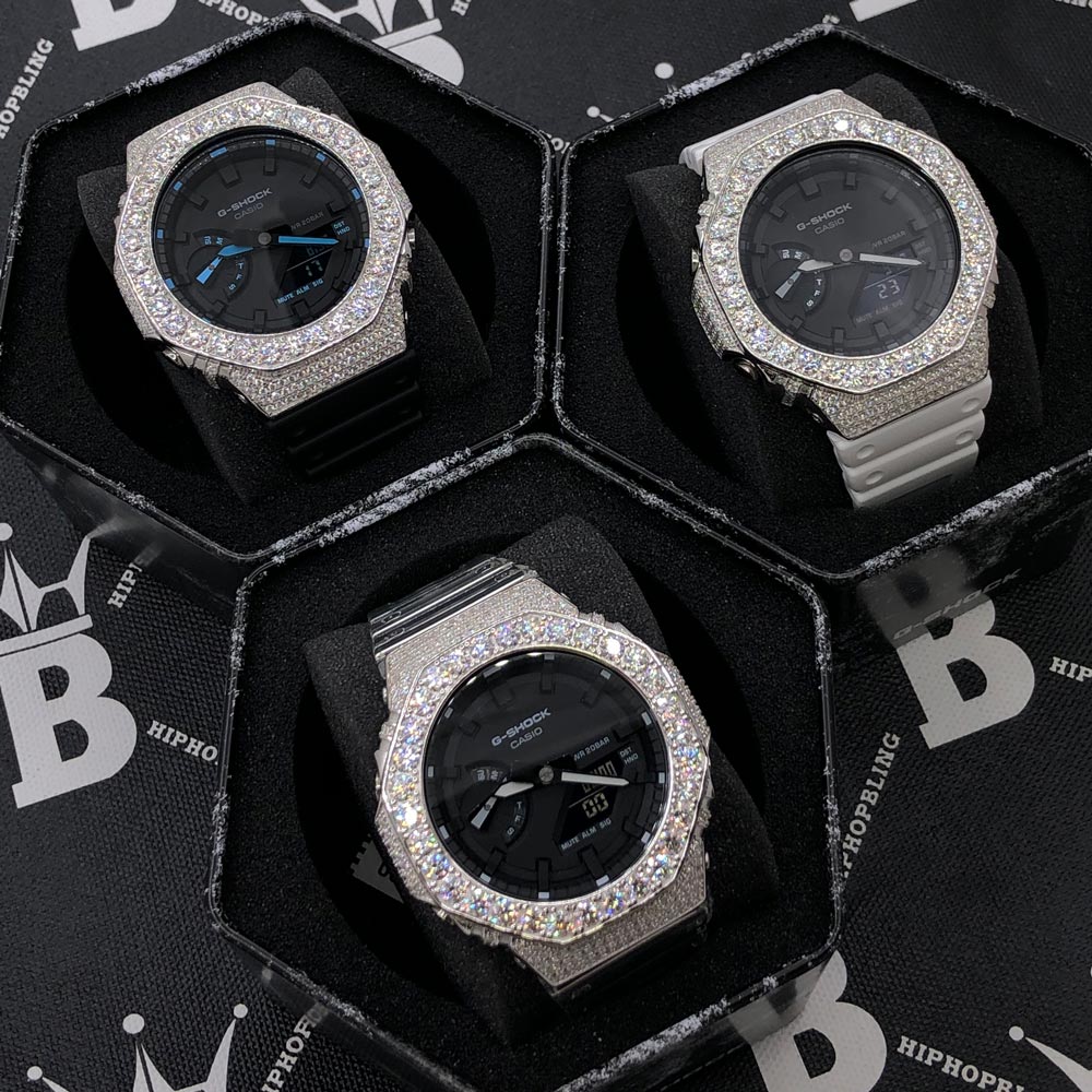 Big Boy Moissanite VVS Iced Out G Shock GA2100 Custom Watch 8.50 Carat Black Dial | Clear Band HipHopBling