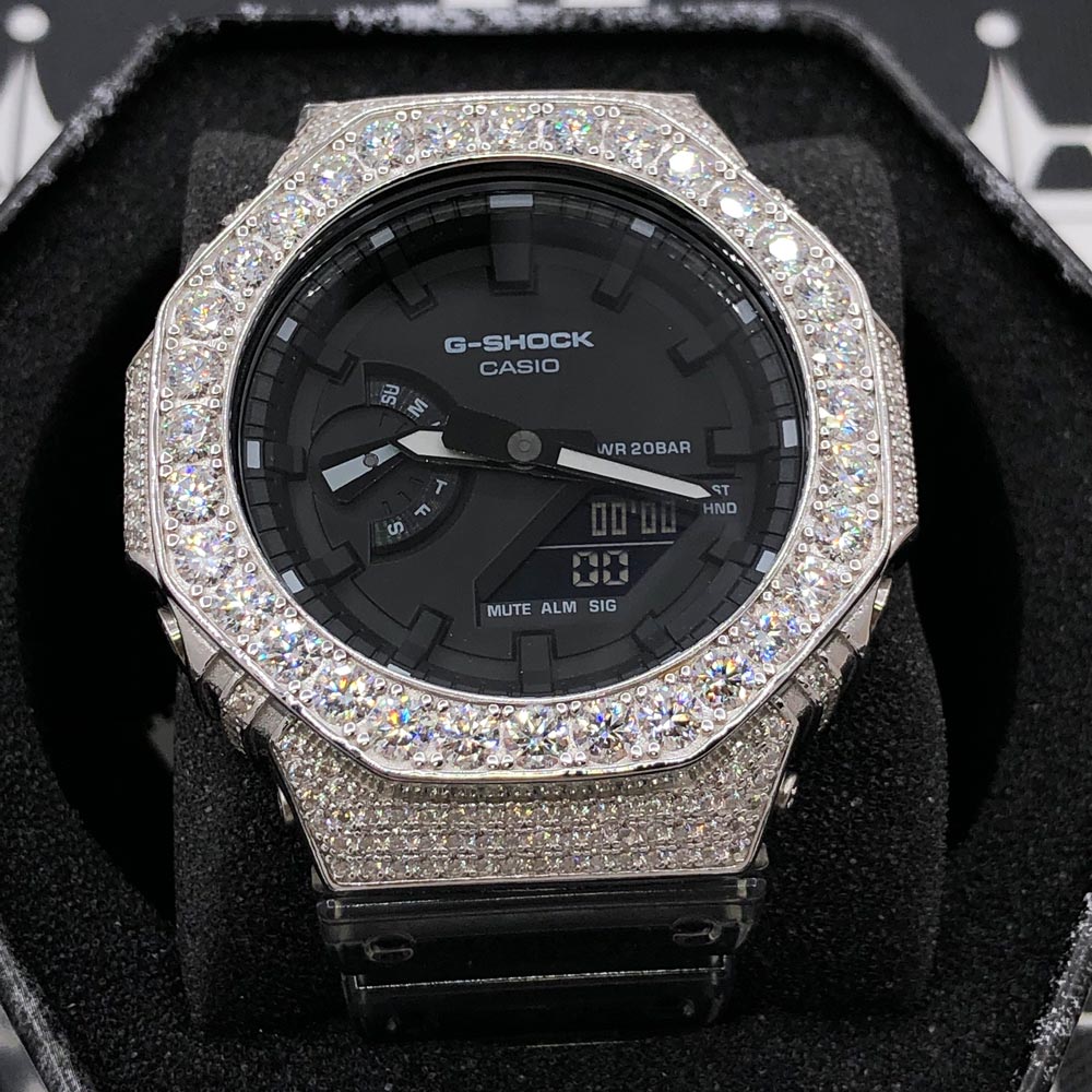 Big Boy Moissanite VVS Iced Out G Shock GA2100 Custom Watch 8.50 Carat Black Dial | Clear Band HipHopBling